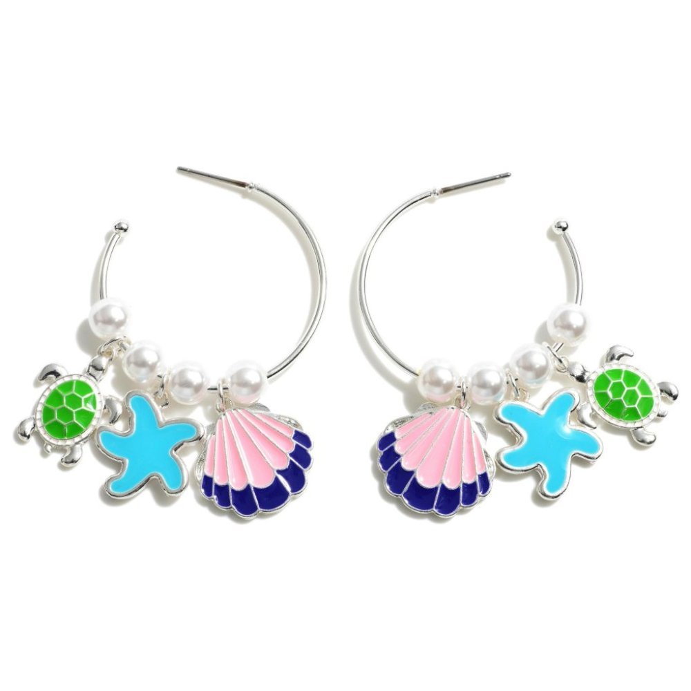 Hoop Earrings Featuring Pearls And Enamel Charms Pink, Blue, and Green